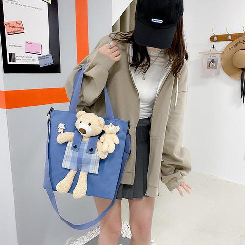 Korean shoulder bag for women 2024 new niche casual cloth bag bear canvas bag female student class bag crossbody bag
