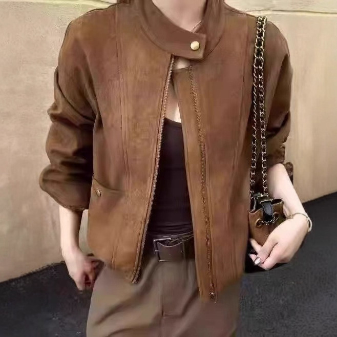 Korean Version 2025 Autumn New Women's Suede Jacket Motorcycle Casual Leather Jacket Women's Autumn
