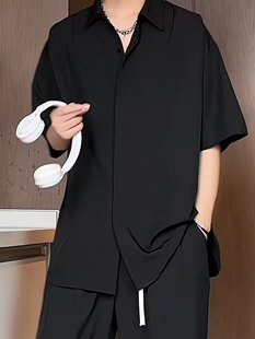 Summer thin black silk shirt, overall, trousers, set, men's style, high-quality style