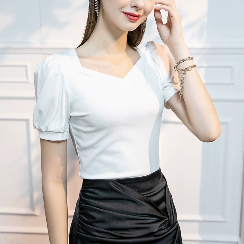 Летняя новая французская Ретро футболка с пышными рукавами, женская тонкая хлопковая футболка с короткими рукавами и квадратным воротником, весенне-летний однотонный топ оптом