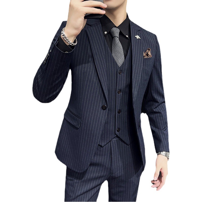 Foreign Trade Wholesale Men's Suit Stripesd Three-Piece Korean Style One-Button Suit Business Formal Groom's Wedding Dress