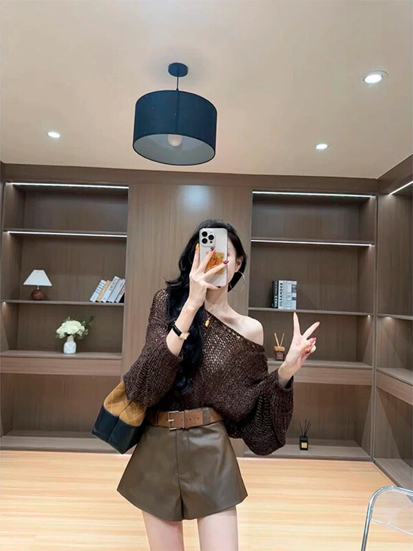 女装韩系设计感御姐范时尚高级舒适辣妹休闲百搭针织镂空长袖上衣|undefined