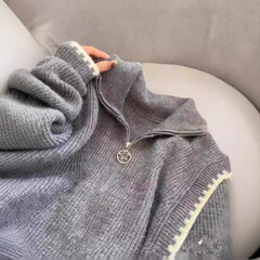 灰色半拉链高领毛衣女2025冬季新款加厚拼接针织衫宽松设计感上衣