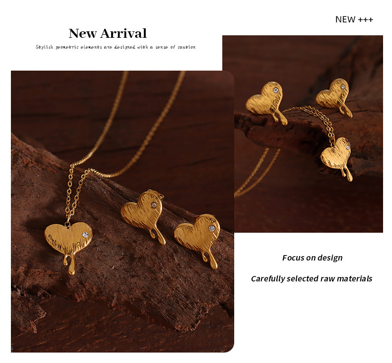 Fashion Heart Shape Titanium Steel Zircon Earrings Necklace