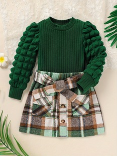 2025 Cross-Border New European and American Chic Girls' 2-Piece Set: Ribbed Long-Sleeved Plaid Top