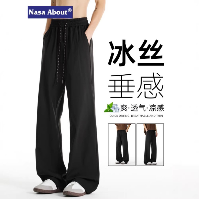 Nasa American-Style Micro-Flared Elastic Waist Casual Pants for Men, Spring and Summer Thin Cool Breathable Wide-Leg Suit Pants for Boys