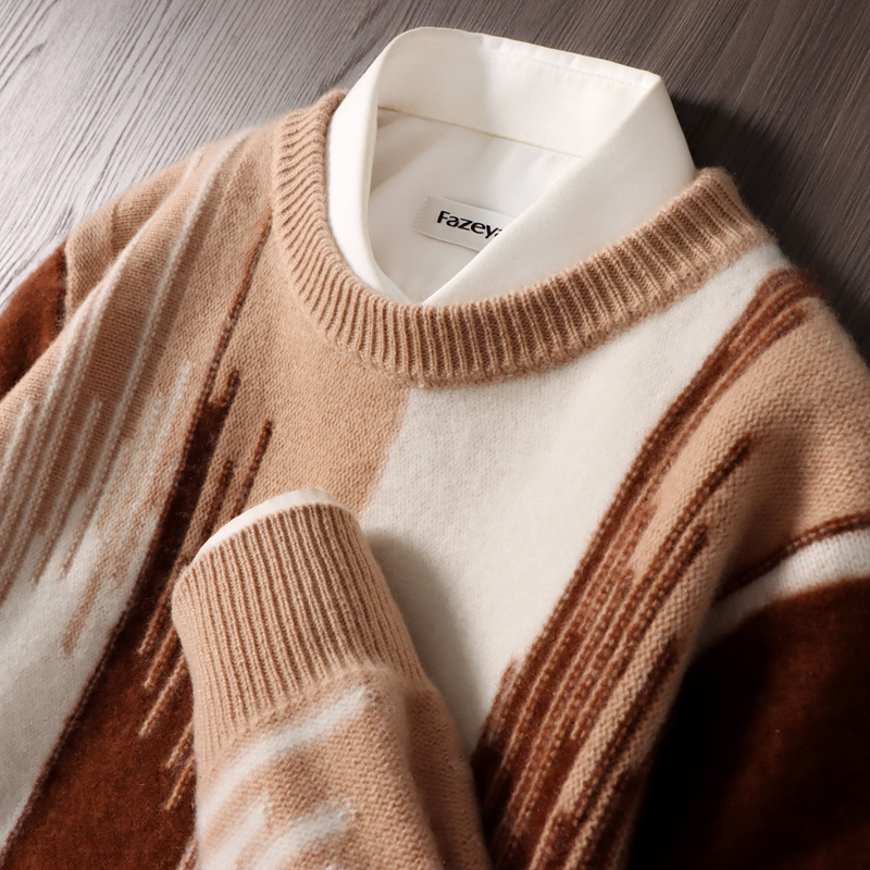 100% pure wool sweater men's crewneck color gradient thick sweater loose business casual cashmere knit base shirt