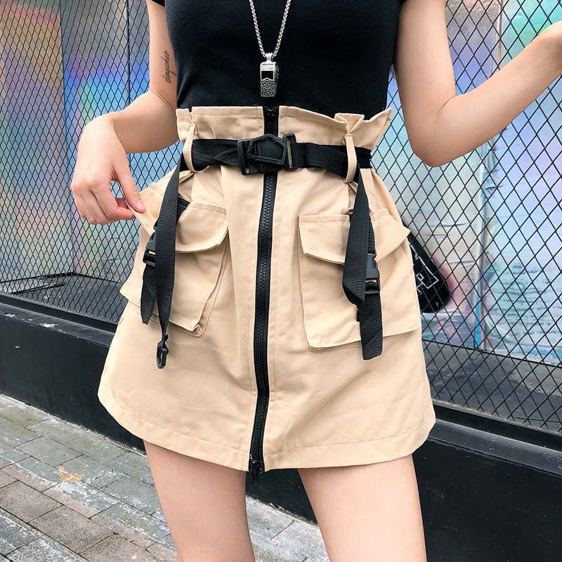 Zipper Strap A- line Work Dress South Korea College Style Pocket Skirt Women's High Waist Half-step Hip Skirt