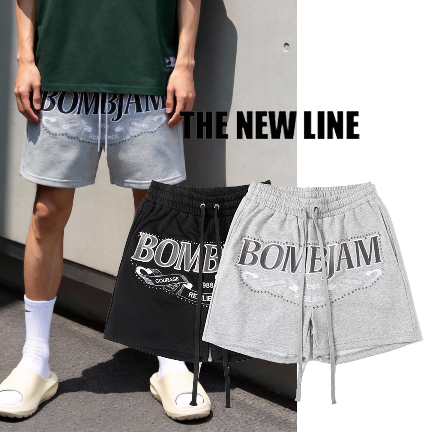 American-style high-street embroidered letter shorts, men's summer trendy loose-fitting athletic capri pants, street hip-hop casual pants.