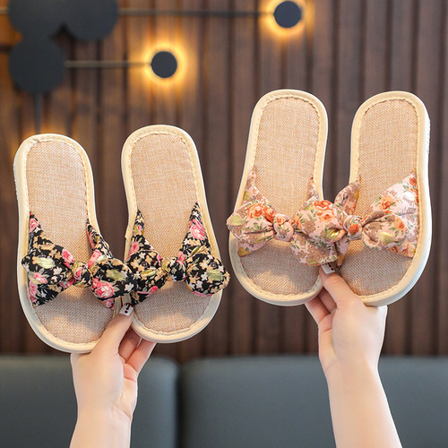 New linen slippers for girls and children, Korean version  wear-resistant, non-slip, sweat-absorbent, breathable cotton and linen slippers for home use