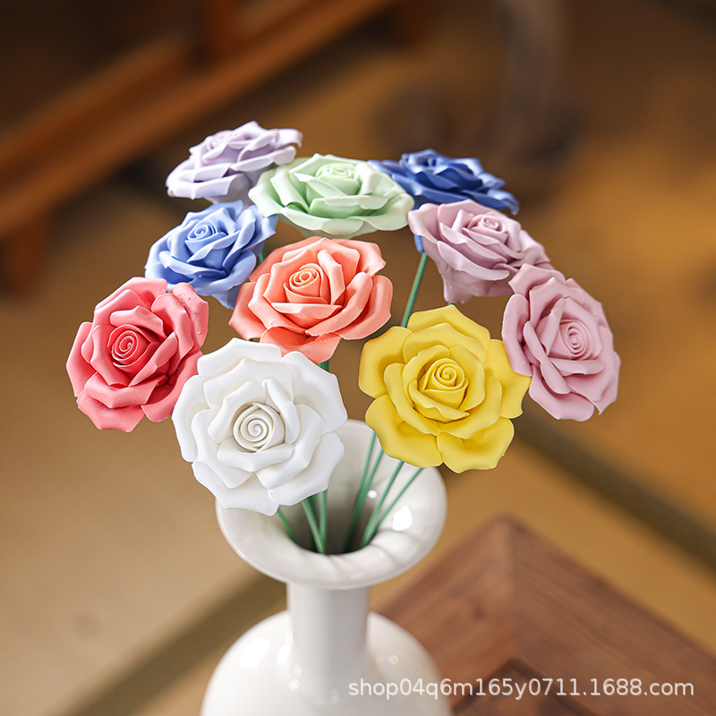Ceramic Handmade Plain-Fired Rose Home Decoration Floral Ornaments Car Living Room Desktop Tv Cabinet Artificial Flowers