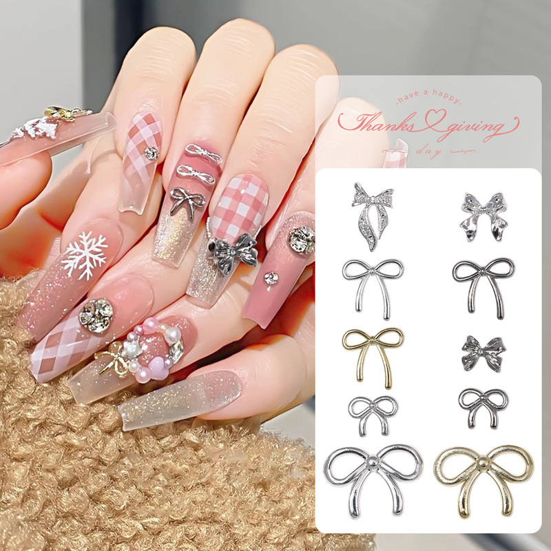 Cross-border New Bow 3D Nail Art Jewelry Golden White K Metal Butterfly Tie Alloy Nail Decoration Accessories