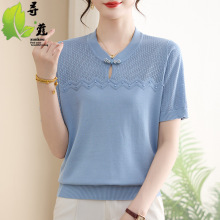 新款女装针织衫上衣女时尚中老年人洋气毛衣中老年夏装短袖小衫薄