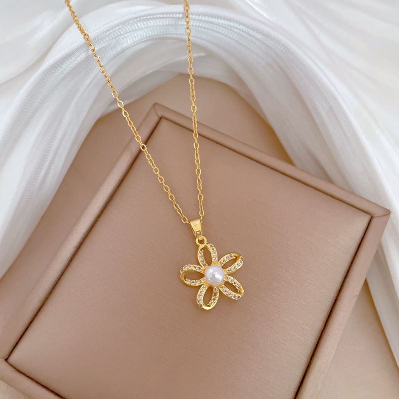 Wunderschöne Perlenkette Mit Fünfblättriger Blume Aus Titanstahl_voghion.com