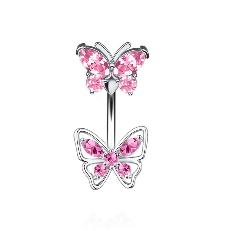 Piercing de nombril en acier inoxydable papillon et zircon rose_voghion.com