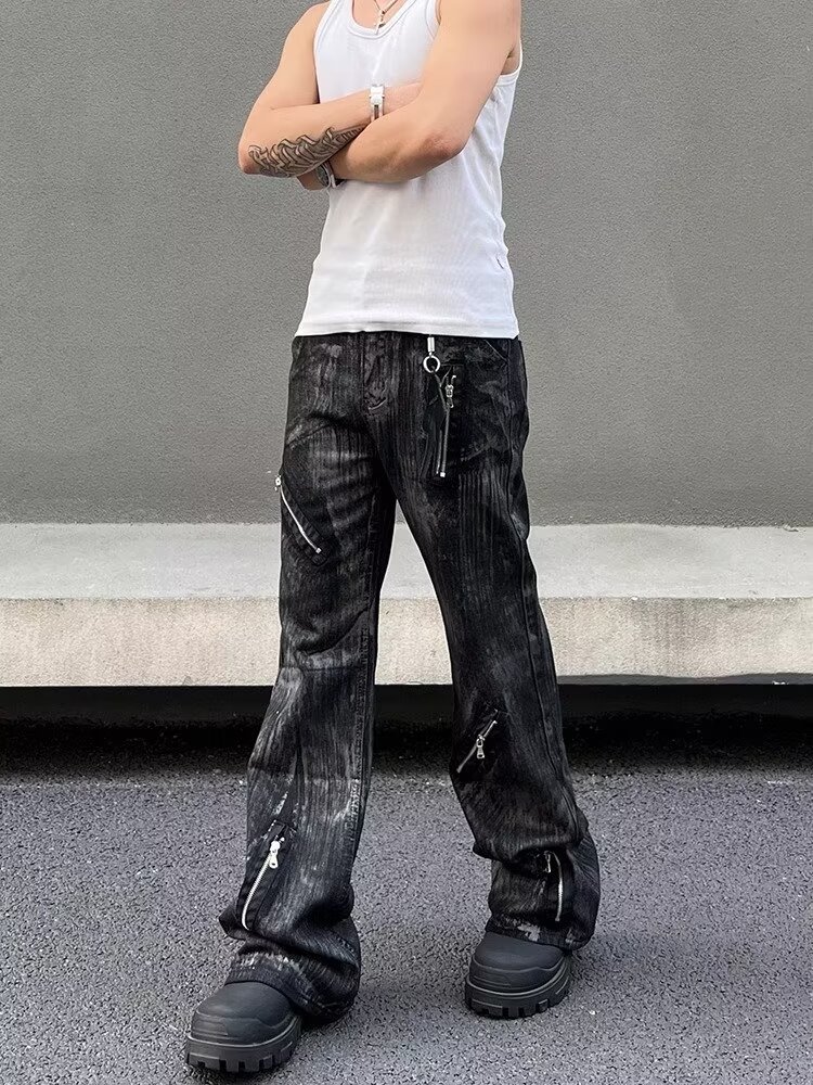 Men's Retro Distressed Flared Jeans High Street Style Loose Fit Zipper Design Cool And Edgy Long Pants_mkmklike.com