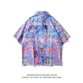 夏季个性复古扎染油画印花短袖衬衣男女情侣宽松沙滩五分袖衬衣