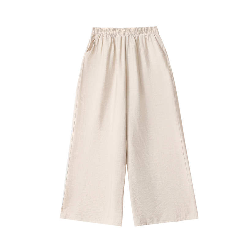 Middle-aged and elderly women's pants summer thin cotton and linen capri pants loose casual elastic high waist wide leg old lady pants
