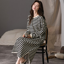 睡裙女睡衣春秋季秋款纯棉长袖长裙大码条纹休闲可外穿出门家居服