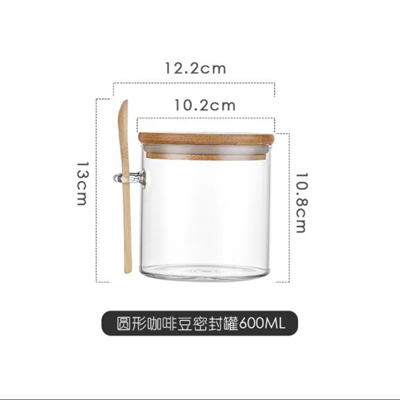 Tarro de almacenamiento de vidrio borosilicato para el hogar con cuchara de vidrio transparente redondo tarro de té
