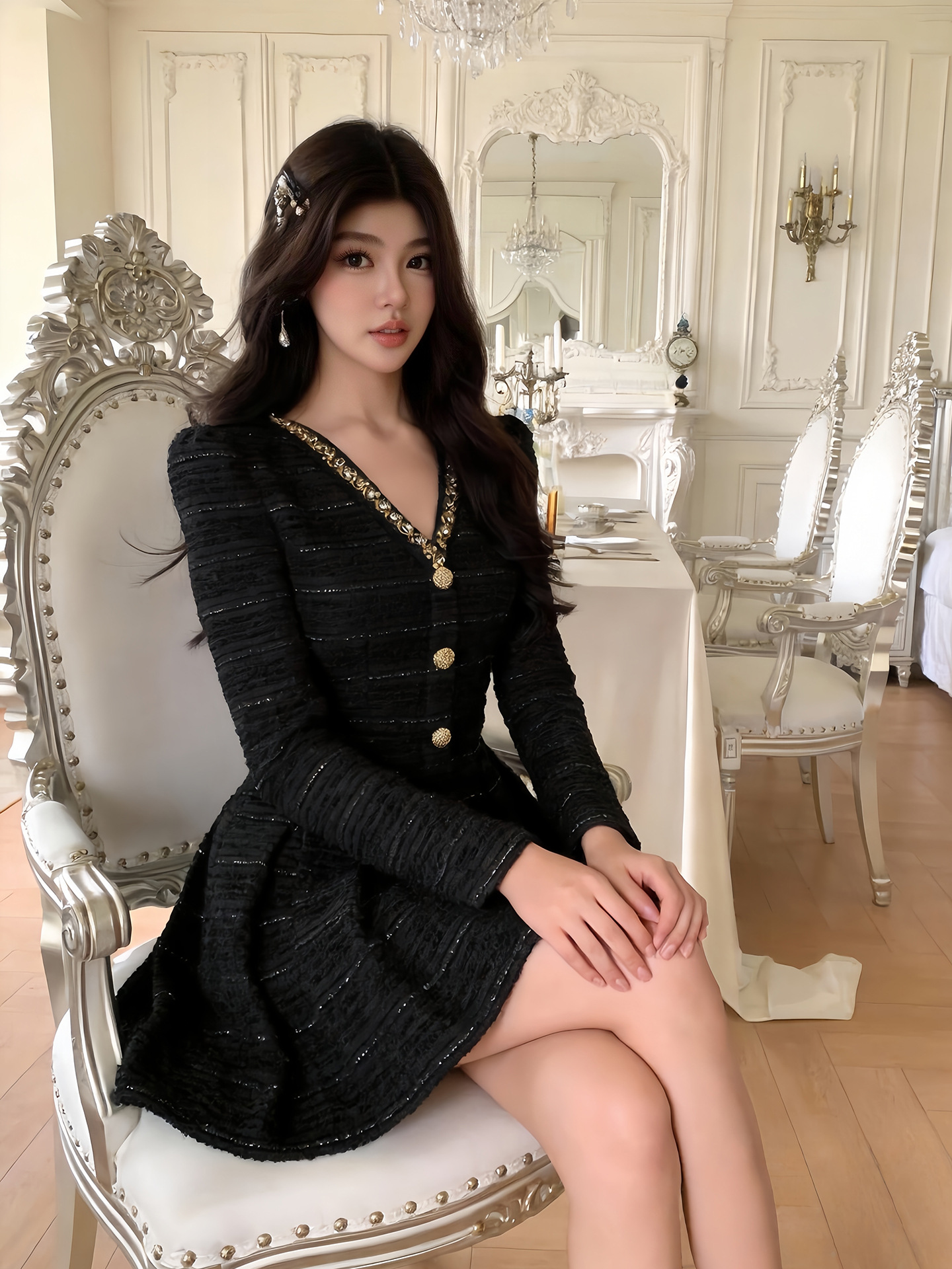 Đầm nữ dáng suông cổ chữ V thắt eo tay dài kiểu tiểu thư — đen