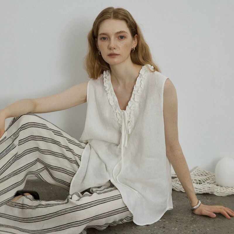 Reversible Linen Handmade Ruffled V-Neck Tie-Up Sleeveless Shirt Top