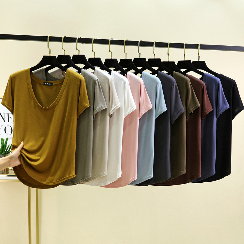 Japanese and Korean Style Casual Modal U-Neck Short-Sleeve T-Shirt for Women, Plus Size, Thin Solid Color Base Layer, Loose Fit Top