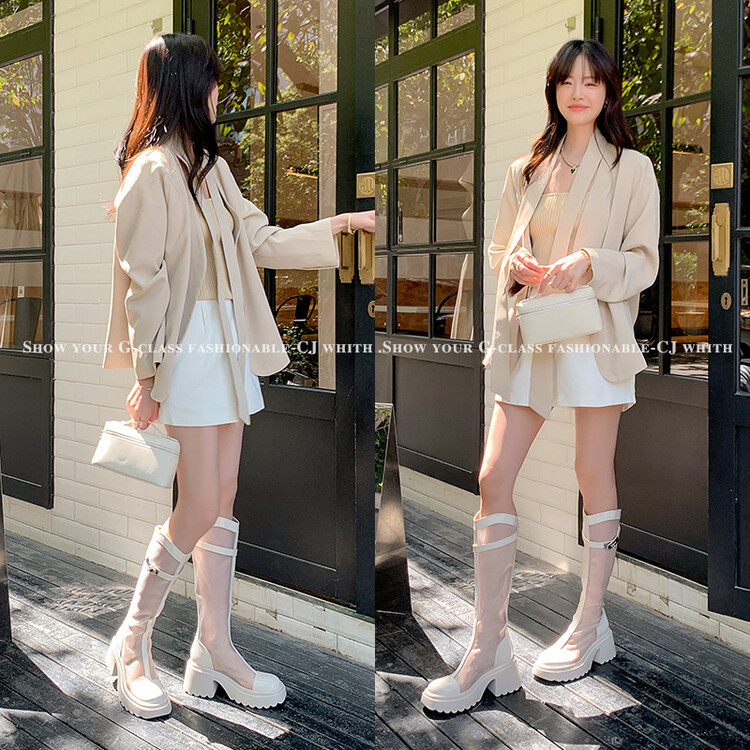 Bốt lưới da cừu cao gót thô cổ cao ôm chân phong cách Hàn Quốc — Màu đen cổ ống lớn, Ống nhỏ màu đen, Chu vi ống lớn màu trắng Be chi tiết 1