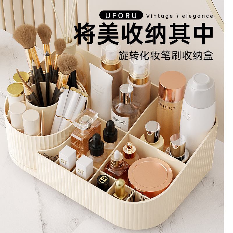 Caja de almacenamiento de cosméticos de escritorio a prueba de polvo comedor lápiz labial caja de acabado de productos de cuidado de la piel estante de almacenamiento giratorio transparente