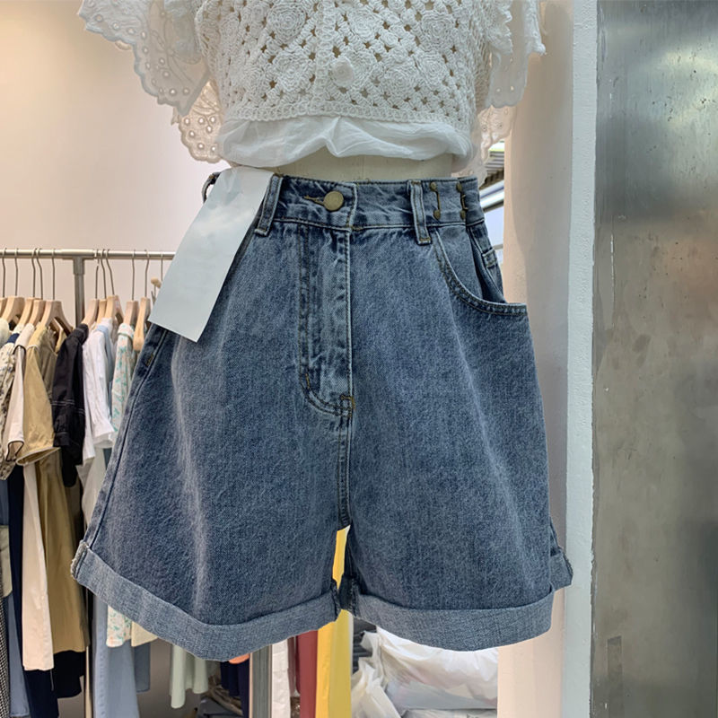 High-Waisted Denim Shorts for Women, Summer, Plus Size, Thin Style, Suitable for Wide Hips and Thick Thighs, Loose A-Line, Rolled Hem, Wide-Leg Hot Pants, Trendy