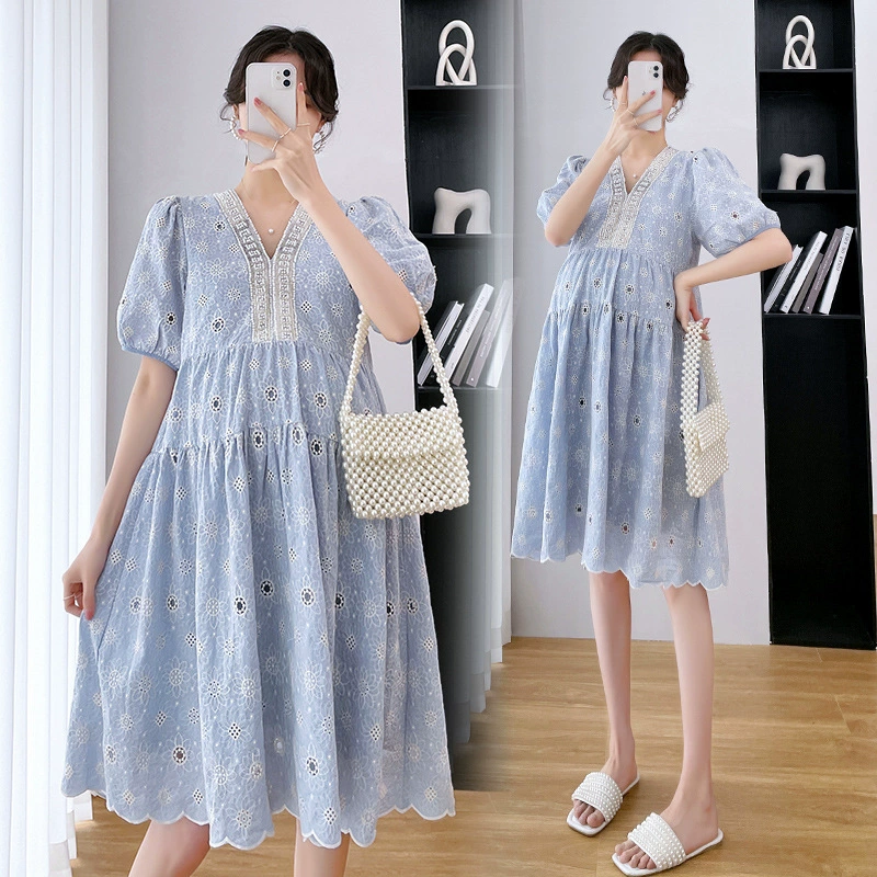 Платье для беременных 2022 Новое длинное кружевное шитье в западном стиле Интернет Популярная Мода Модная летняя юбка Hot Mom