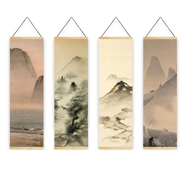 New Chinese-Style Solid Wood Hanging Painting Decorative Scroll with Stunning Landscape Scenery for Sofa Background Wall Mural Spray Painting