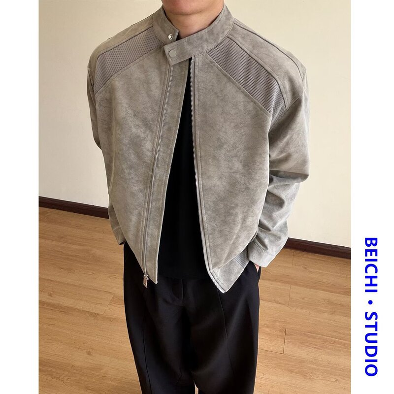 American-style deconstructed unisex vintage bomber jacket for men, spring trendy high-end PU leather jacket, new model