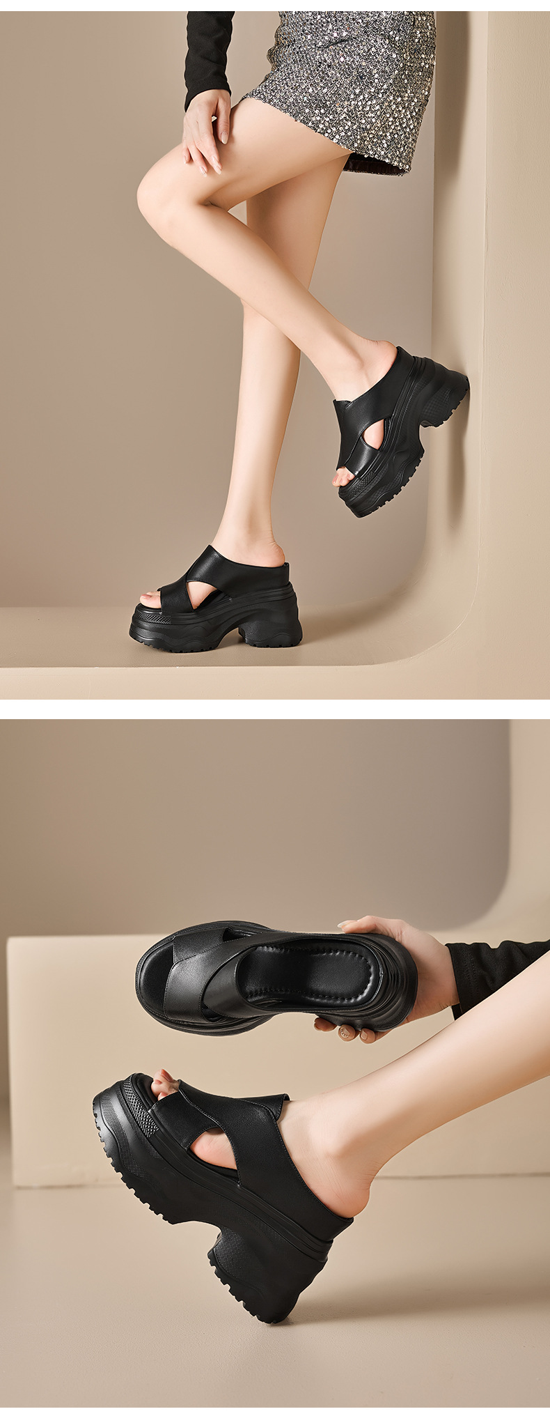 Dép sandal nữ quai ngang đế dày da thật tăng chiều cao — màu đen, màu trắng ngà, bạc chi tiết 9