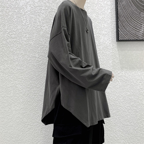 Unstructured long-sleeve men's T-shirt, trendy and versatile, solid-colored base shirt, fashionable brand, Instagram, Hong Kong style, spring and autumn top, loose hoodie