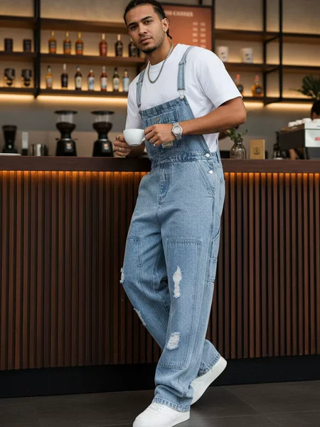 Hme Men's Denim Overalls European and American High Street Fashion Ripped Jumpsuit Cross-Border Temu Shein