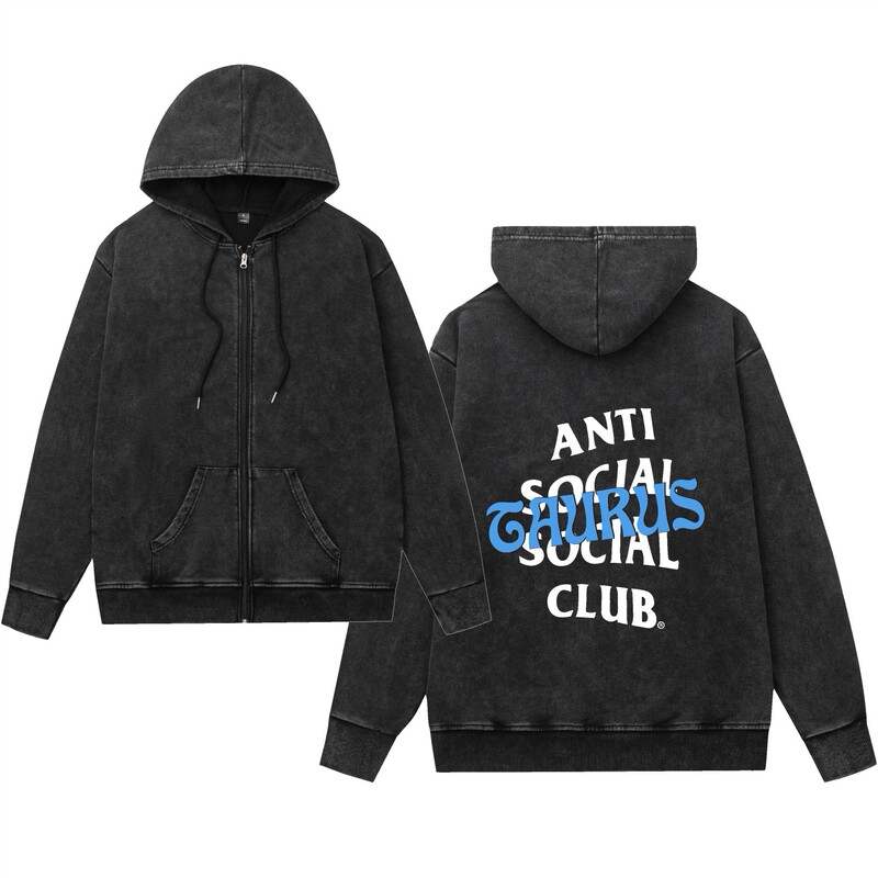 Washed Vintage Hoodie with Zipper Anti Social Club Assc Cross-Border Best-Selling Print Washed Vintage Hoodie with Zipper Anti Social Club Assc Cross-Border Best-Selling Print