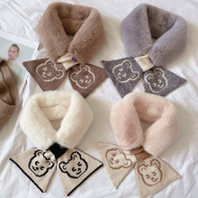 小熊可爱毛毛绒围巾女秋冬季韩版交叉围脖加厚保暖韩国chic围巾