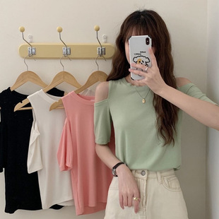 Short-sleeved Shoulder T-shirt Summer 2024 New Women's All-match Short-sleeved Shoulder Korean-style Slimming Chic Top Ins Trendy