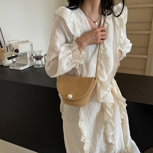 Straw bag for women, cross-border cotton rope woven bucket bag, beach woven shoulder and crossbody small bag—dropshipping available, women’s bag