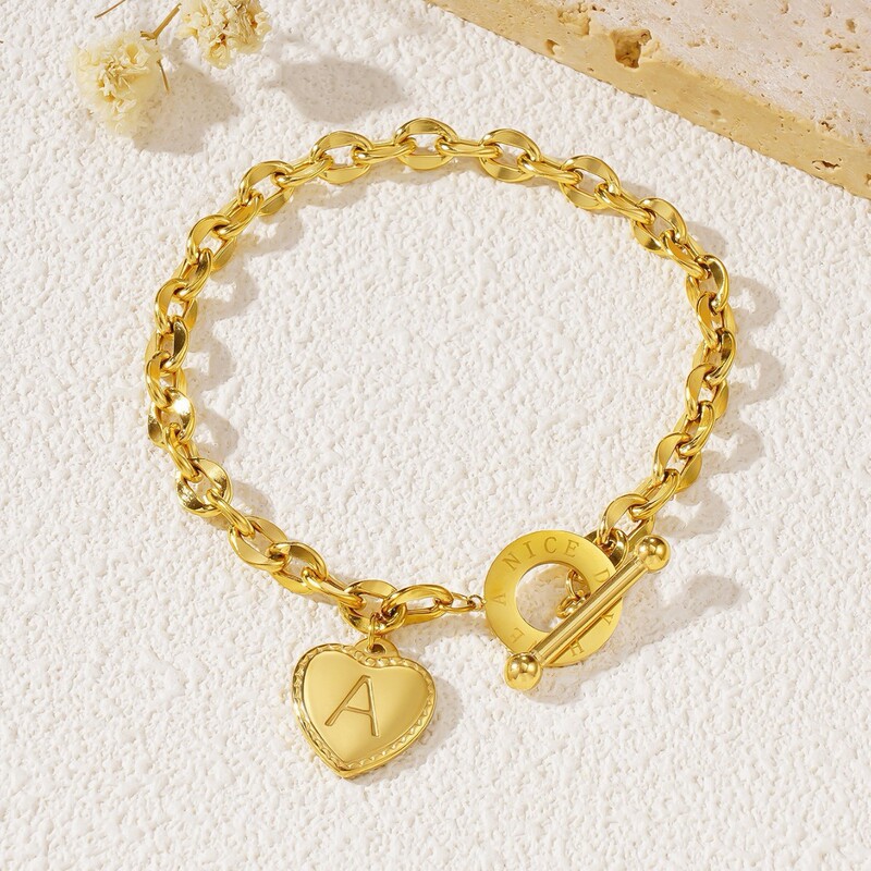 Cross-Border Stainless Steel 18K Heart Bracelet European and American Ot Buckle Letter Titanium Steel Bracelet Fashionable Versatile High-End Jewelry Cross-Border Stainless Steel 18K Heart Bracelet European and American Ot Buckle Letter Titanium Steel Bracelet Fashionable Versatile High-End Jewelry