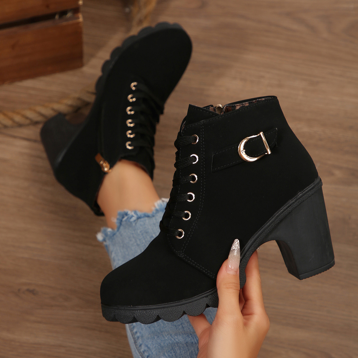 ShoeVault Women's Leather Low-Cut Chunky Round Toe High Heel Lace-Up Brown Ankle Boots Spring Autumn Plus Size Height Increasing_vogvips.com