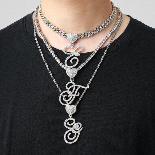 Alloy Hip-Hop Script 26 English Letters Love Pendant with Heart Head Chain, Fashion Diamond Studded Cuban Link Accessory Wholesale