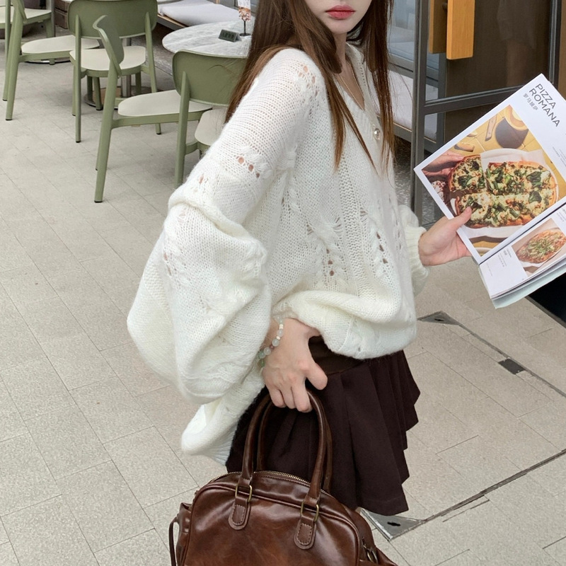 慵懒风不褪色复古韩版女镂空毛针织衫~立体感半裙套装咖色半身裙|undefined