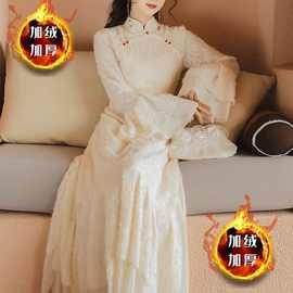 秋冬加绒加厚复古改良旗袍连衣裙年轻款少女过膝桔梗裙子超仙温柔