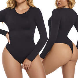 Bodysuit欧美跨境热销爆款无缝塑腰收腰圆领长袖丁字款连体衣