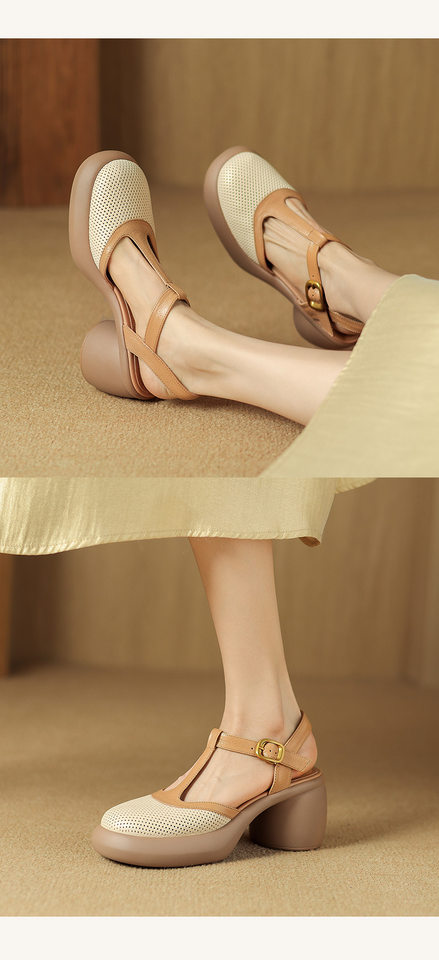 Sandal nữ da cừu đục lỗ bít mũi quai chữ T khóa cài đế dày gót cao — Màu đen chi tiết 11