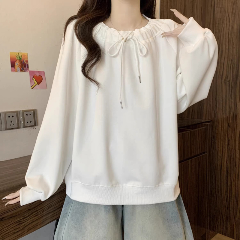 Long-Sleeved Loose Sweatshirt Women's Strappy Top Fashionable New Pullover Round Neck Autum Style Ins Trendy Lazy Style Korean Style