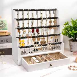 跨境新款带项链多层收纳架杆耳环收纳盒展示架木质首饰收纳架