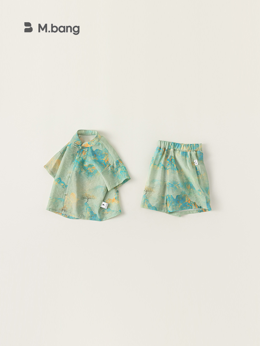 Youbao ropa para niños traje Hanfu para niños estampado de estilo chino 2025 verano niño hebilla de disco pantalones cortos Tang traje de dos piezas
